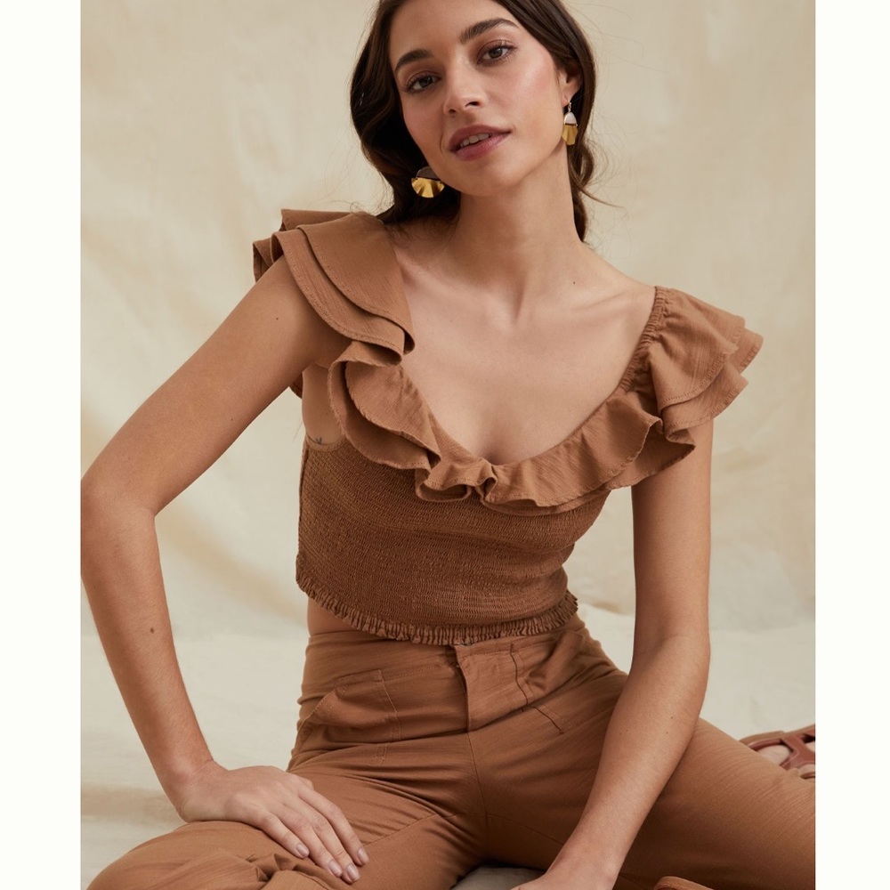 Anthropologie Brown Ruffle Top